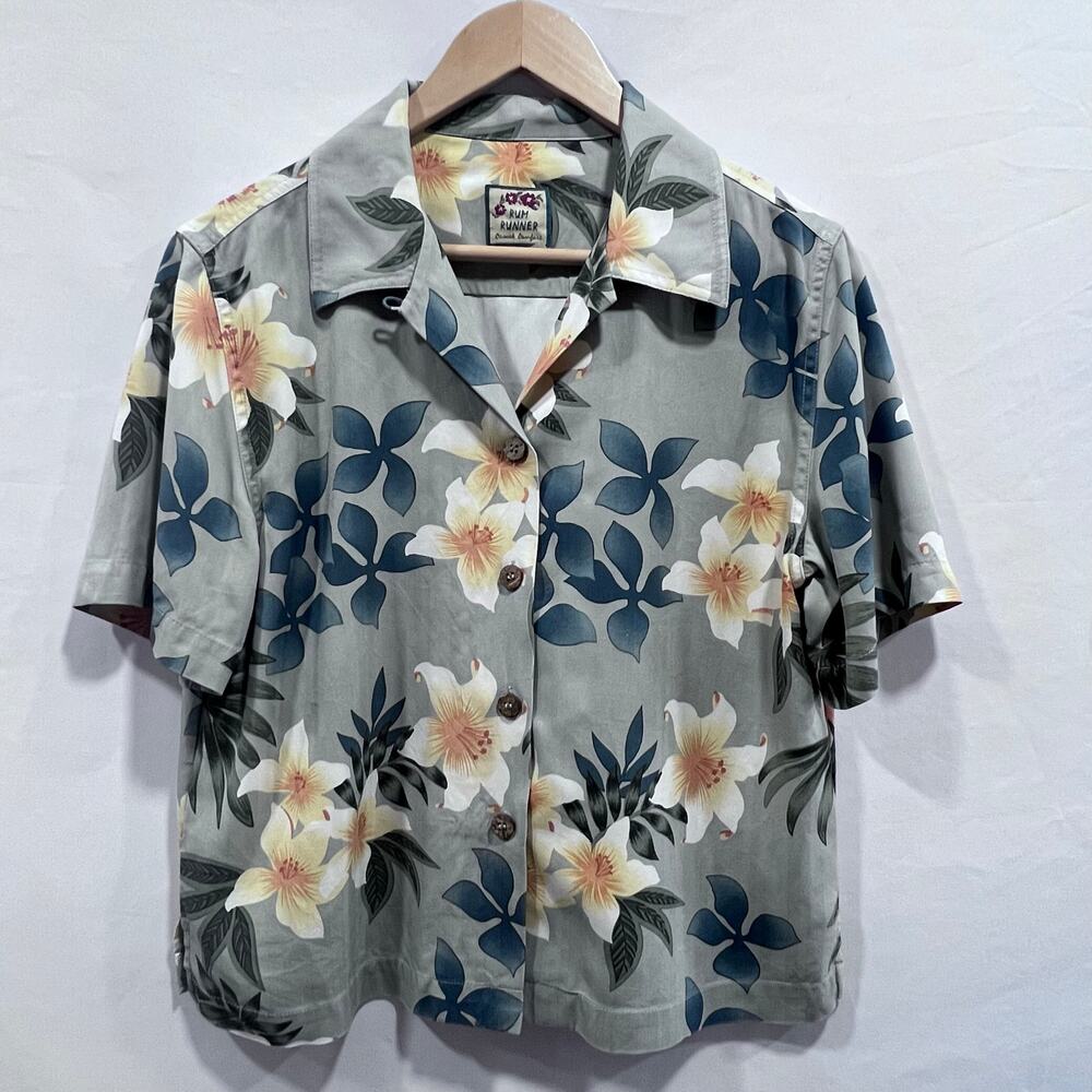 Rum Runner Hawaiian Aloha Tropical Button Up Boxy Cropped Shirt Women's Small